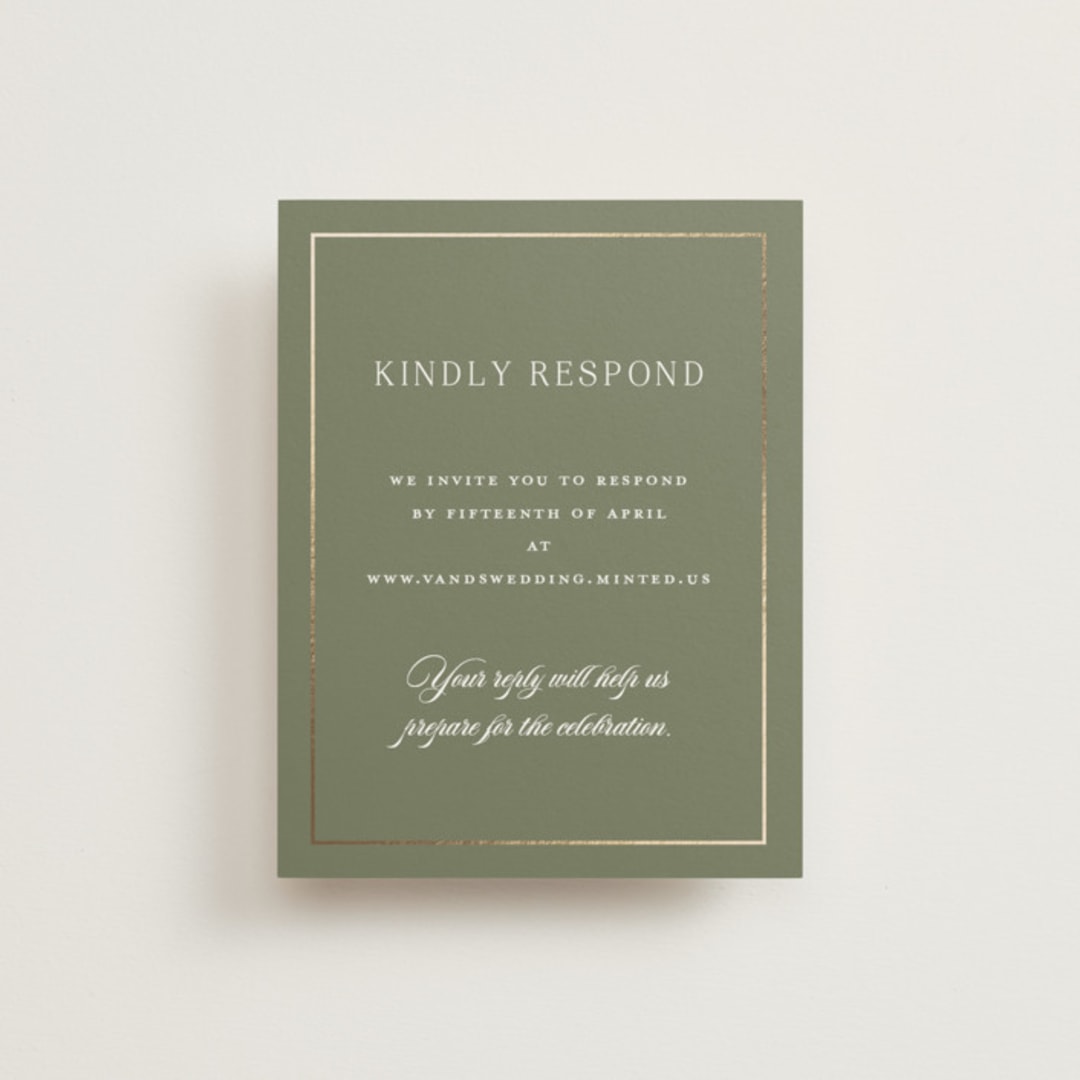 "Country Elegance" - Foil-Pressed RSVP Online Enclosure Cards in Sage Green by Lucrecia Caporale - Front