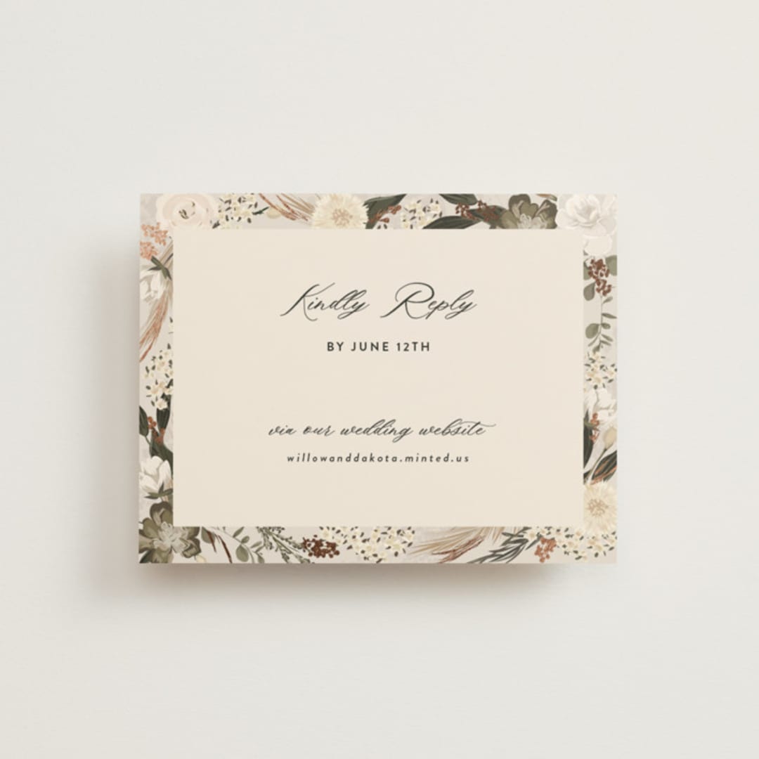 "Botanical Edge" - Foil-Pressed RSVP Online Enclosure Cards in Latte by Susan Moyal - Front