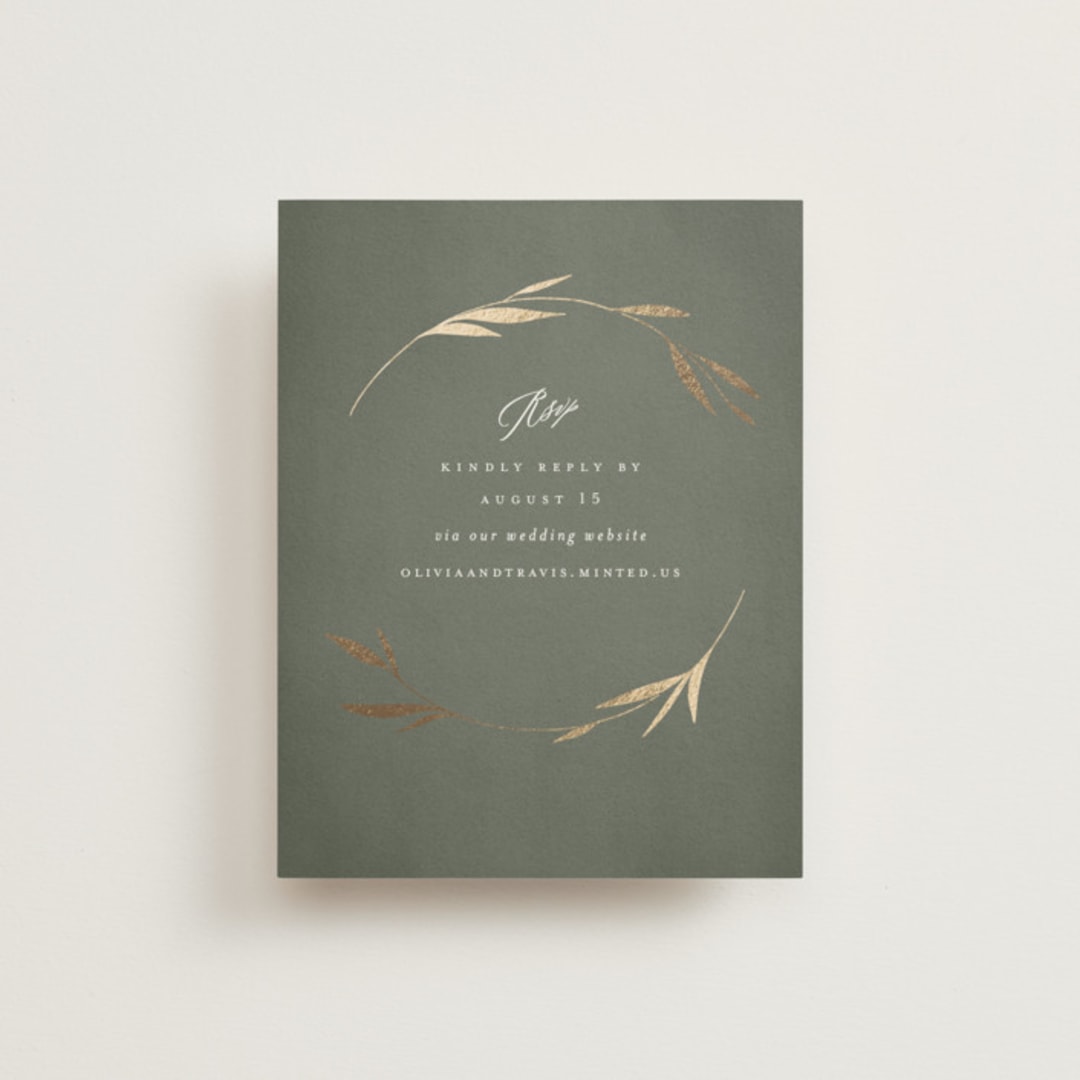 "Minimal Circle" - Foil-Pressed RSVP Online Enclosure Cards in Moss by Kelly Schmidt - Front