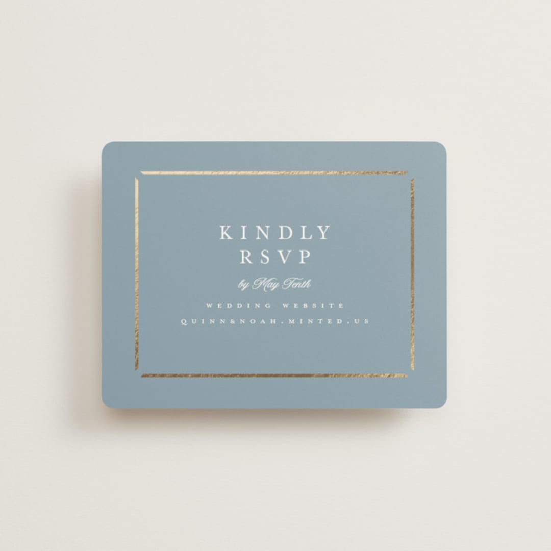 "Elegant bevel" - Foil-Pressed RSVP Online Enclosure Cards in Dusty Blue by Stacey Meacham - Front