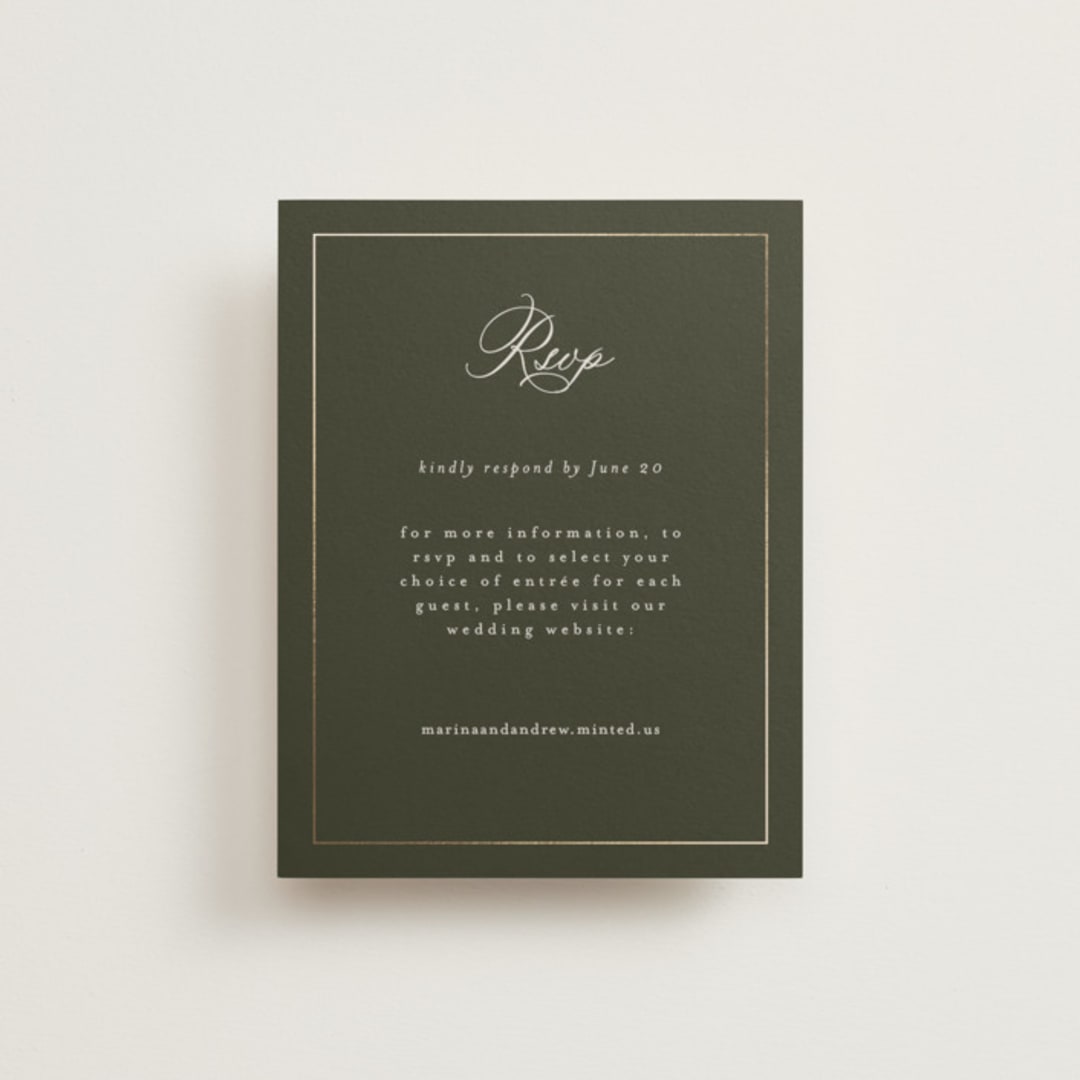 "refined" - Foil-Pressed RSVP Online Enclosure Cards in Deep Olive by Nicole Walsh - Front
