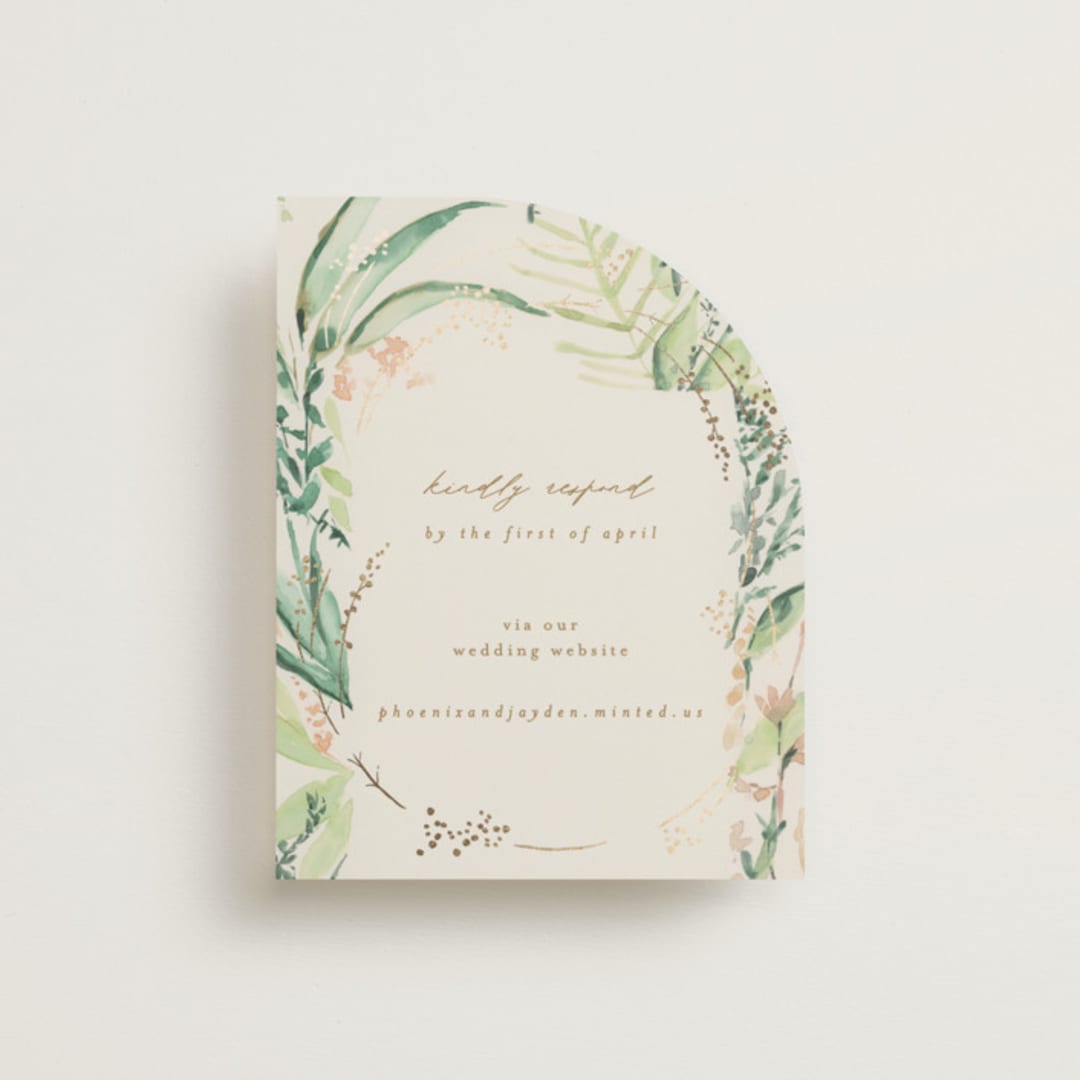 "fresh tropical" - Foil-Pressed RSVP Online Enclosure Cards in Greenery by Phrosné Barwood - Front