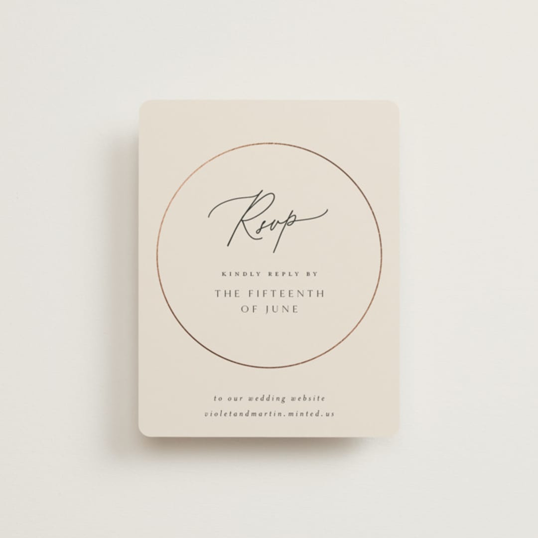 "Encircled Love" - Foil-Pressed RSVP Online Enclosure Cards in Taupe by Kelly Schmidt - Front