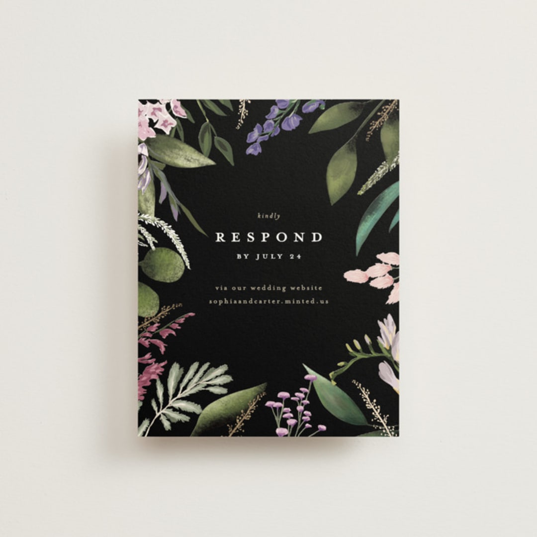 "Bold Bouquet" - Foil-Pressed RSVP Online Enclosure Cards in Midnight by Susan Moyal - Front
