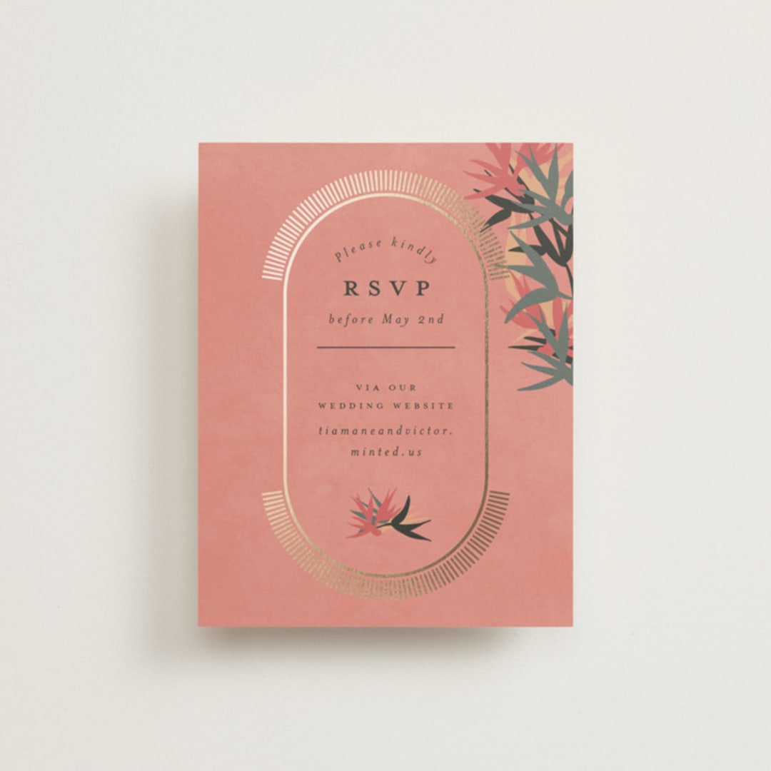 "Birds of Paradise" - Foil-Pressed RSVP Online Enclosure Cards in Coral by Julie Hebert - Front