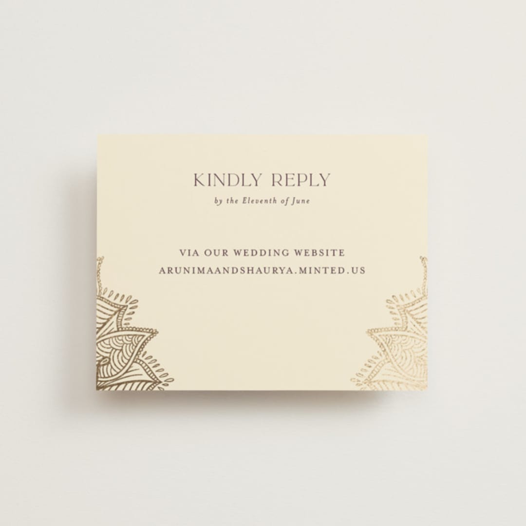 "Arunima" - Foil-Pressed RSVP Online Enclosure Cards in Plum by Randi Cirelli - Front