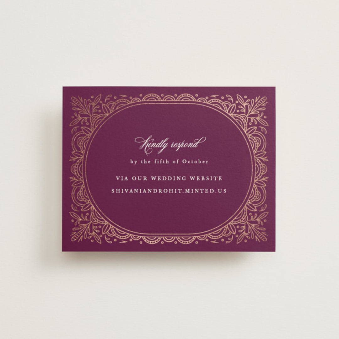 "Zardozi" - Foil-Pressed RSVP Online Enclosure Cards in Amethyst by Mansi Verma - Front