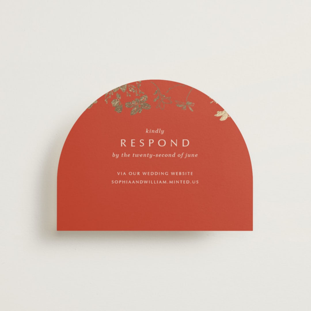 "Abstract Flora" - Foil-Pressed RSVP Online Enclosure Cards in Lava by Stellax Creative - Front