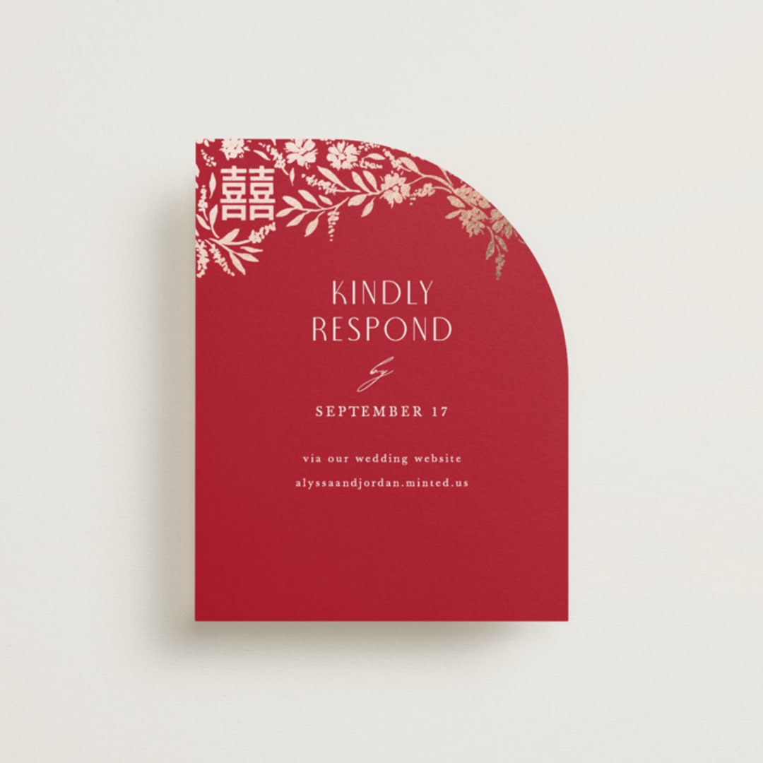 "Garden Vines" - Foil-Pressed RSVP Online Enclosure Cards in Ruby by Yaling Hou Suzuki - Front
