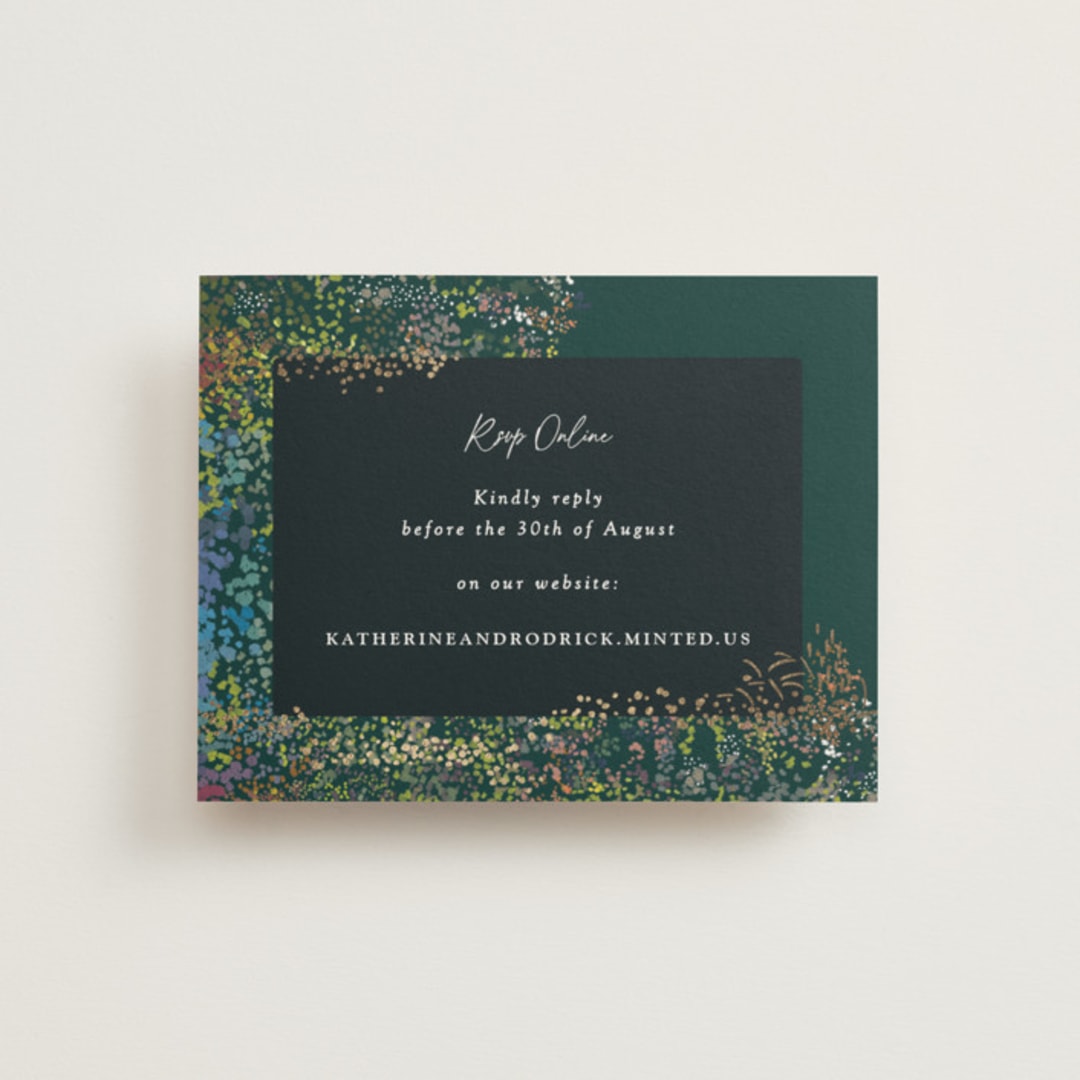 "By the Creek" - Foil-Pressed RSVP Online Enclosure Cards in Emerald by Becky Nimoy - Front