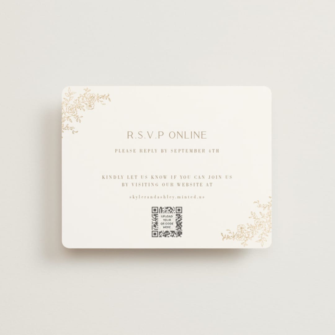 "floral crest" - Foil-Pressed RSVP Online Enclosure Cards in Champagne by Cass Loh - Front