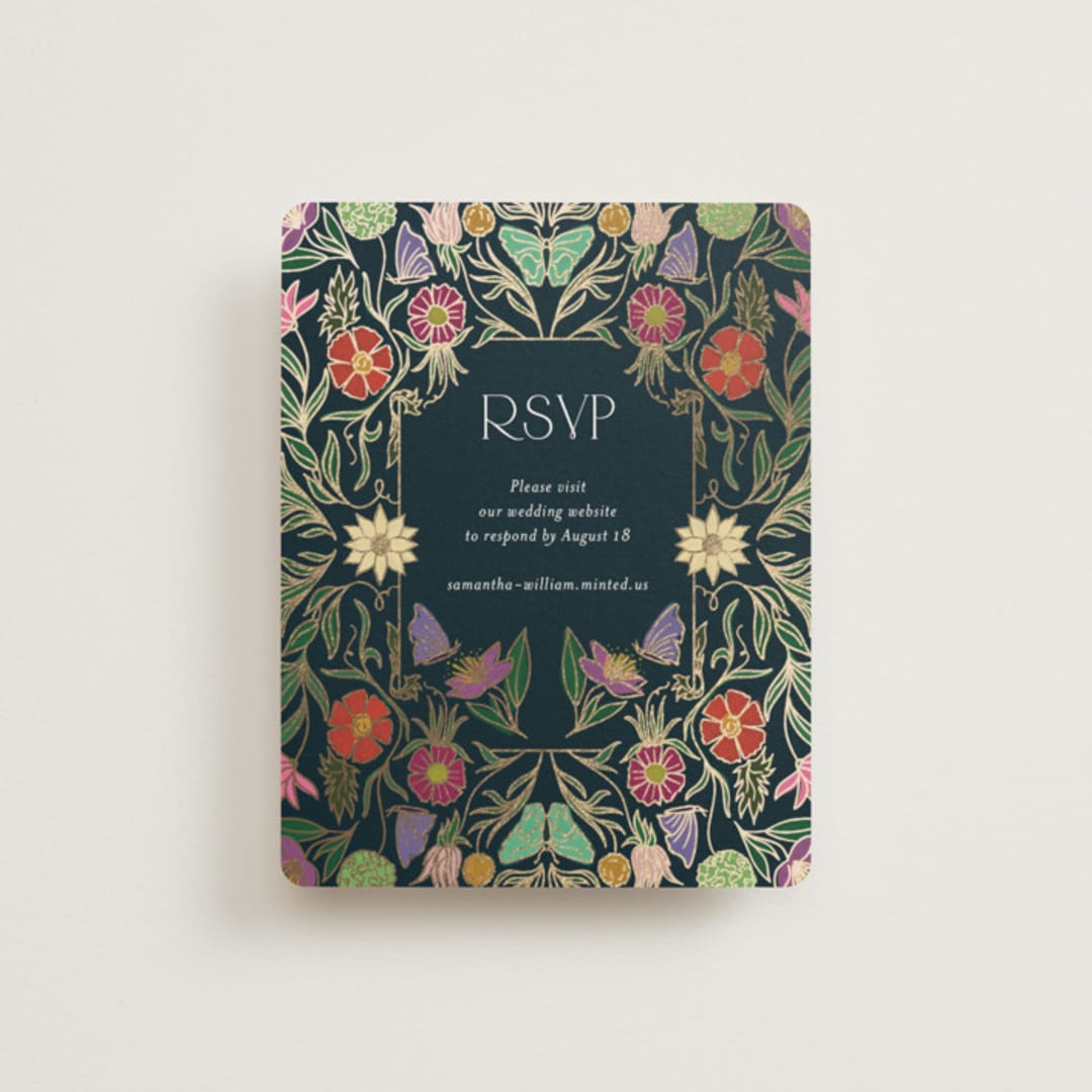 "Gilded Tapestry" - Foil-Pressed RSVP Online Enclosure Cards in Midnight Garden by Simona Camp - Front