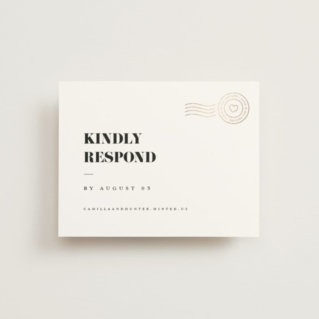 "Golden Stamp" - Foil-Pressed RSVP Online Enclosure Cards in Snow by FRANI - Front