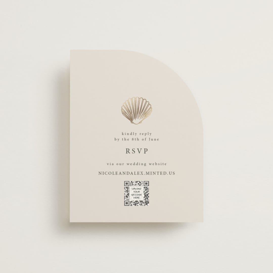 "Simple Seashell" - Foil-Pressed RSVP Online Enclosure Cards in Sand by Hannah Bowman - Front