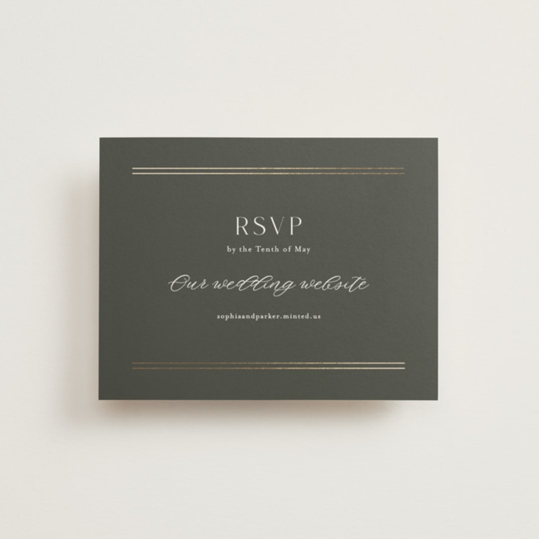 "Perfect Pair" - Foil-Pressed RSVP Online Enclosure Cards in Olive by Stacey Meacham - Front