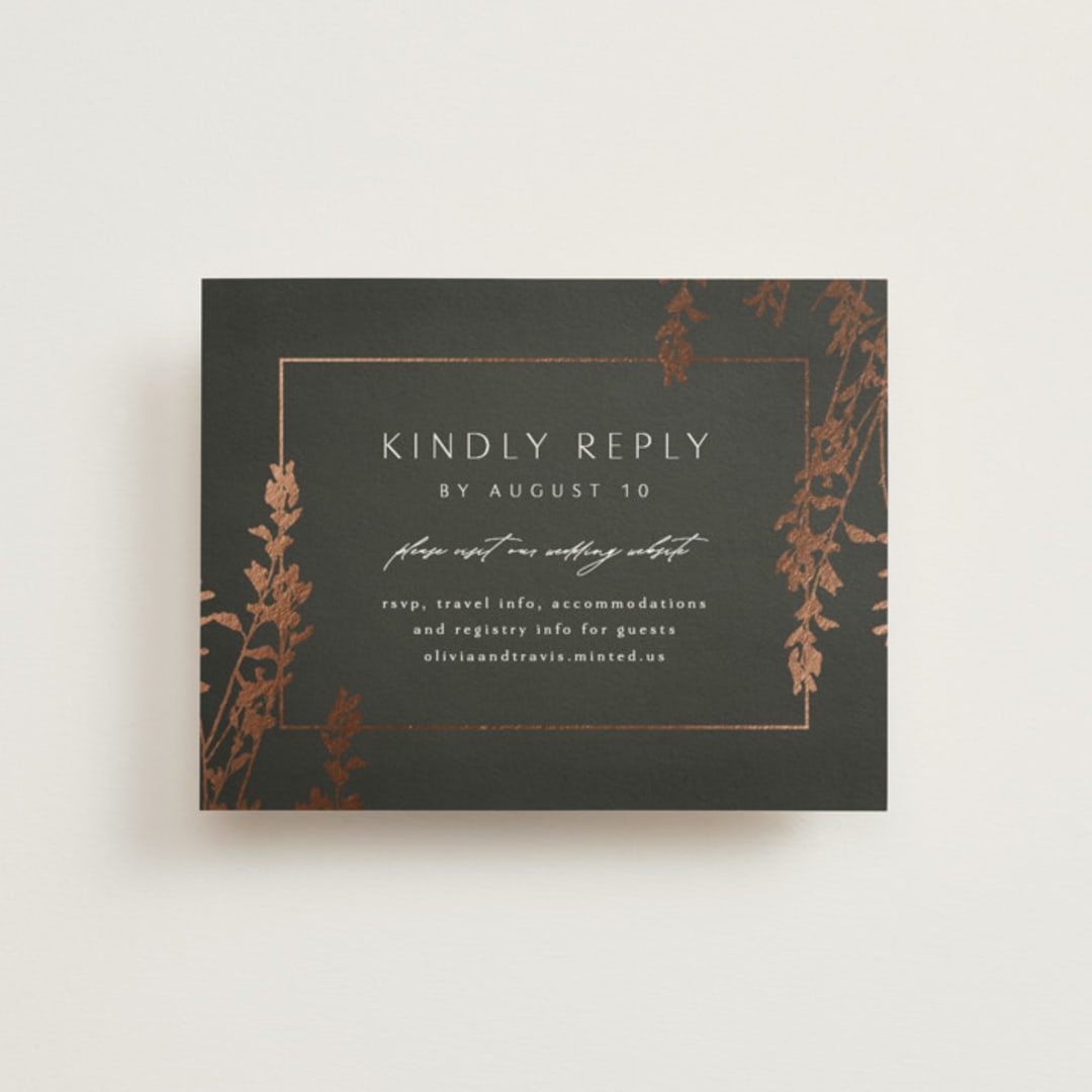 "Quince" - Foil-Pressed RSVP Online Enclosure Cards in Ivy by Kelly Schmidt - Front
