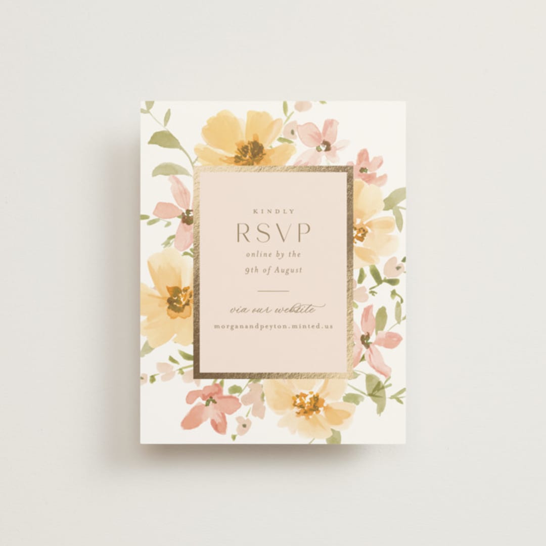 "Jardin" - Foil-Pressed RSVP Online Enclosure Cards in Carnation by Everett Paper Goods - Front