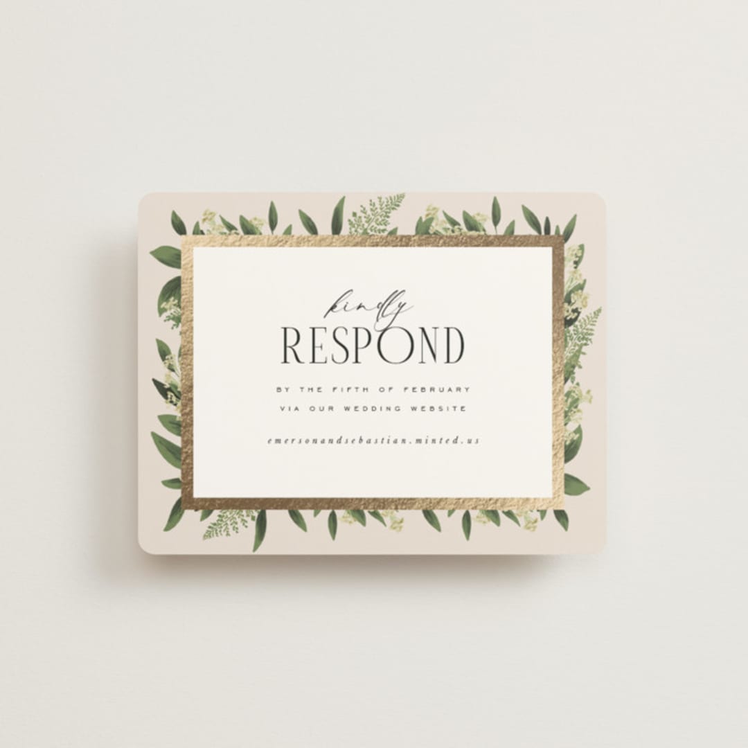 "Bliss" - Foil-Pressed RSVP Online Enclosure Cards in Champagne by Leah Bisch - Front