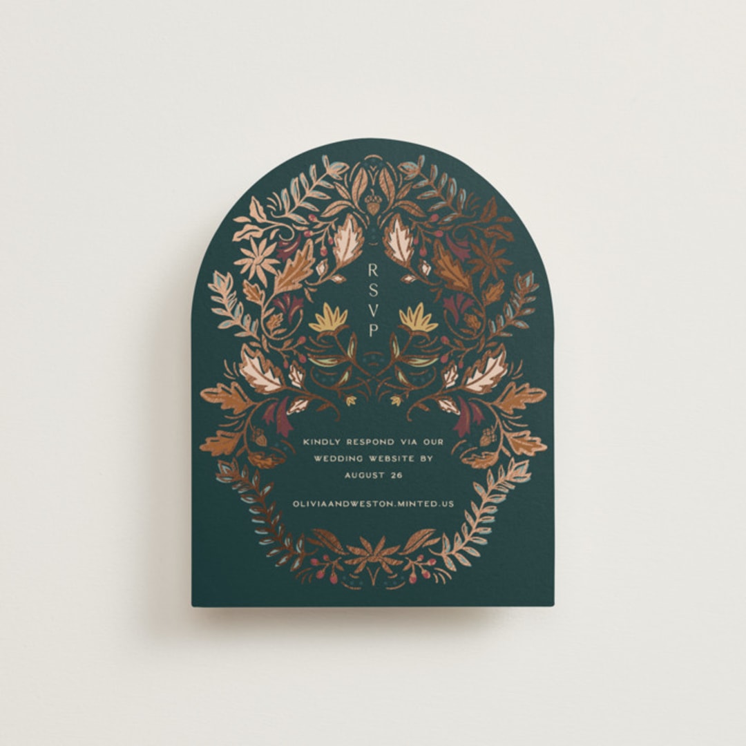 "Autumnal Arch" - Foil-Pressed RSVP Online Enclosure Cards in Deep Sea by Erin German - Front