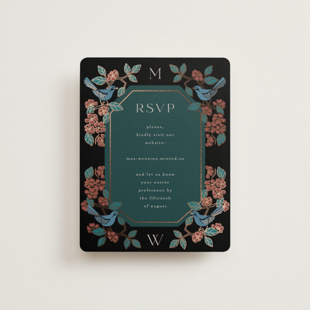 "Wedding birds" - Foil-Pressed RSVP Online Enclosure Cards in Onyx by Ana de Sousa - Front