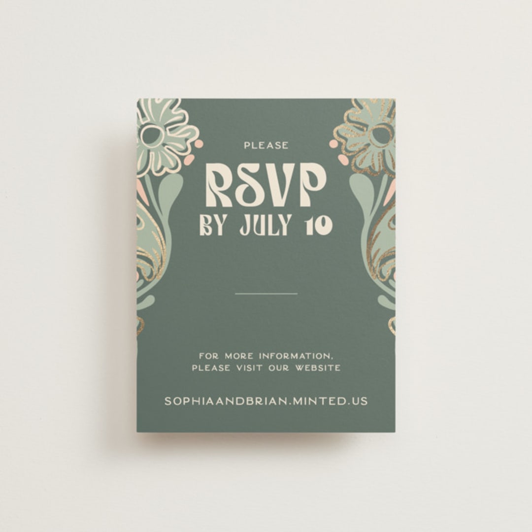 "Nouveau Frame" - Foil-Pressed RSVP Online Enclosure Cards in Sage by GeekInk Design - Front