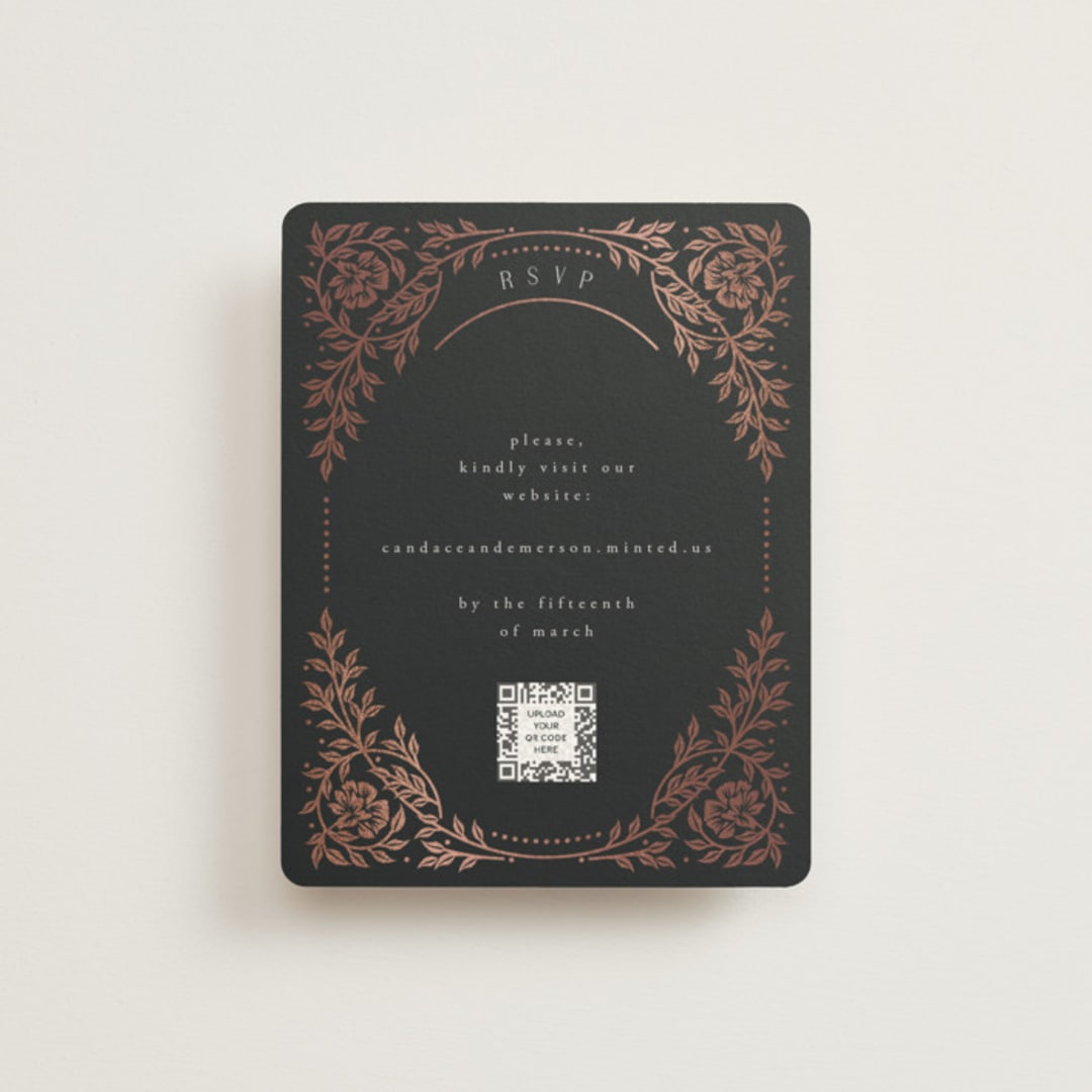 "Gilded nouveau frame" - Foil-Pressed RSVP Online Enclosure Cards in Onyx by Ana de Sousa - Front