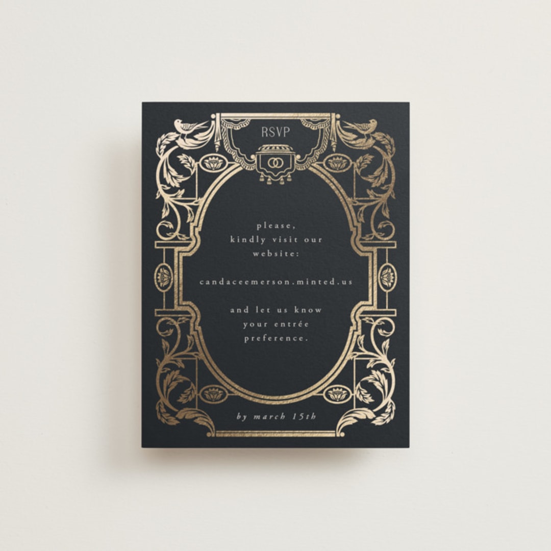 "Mirror" - Foil-Pressed RSVP Online Enclosure Cards in Onyx by Ana de Sousa - Front