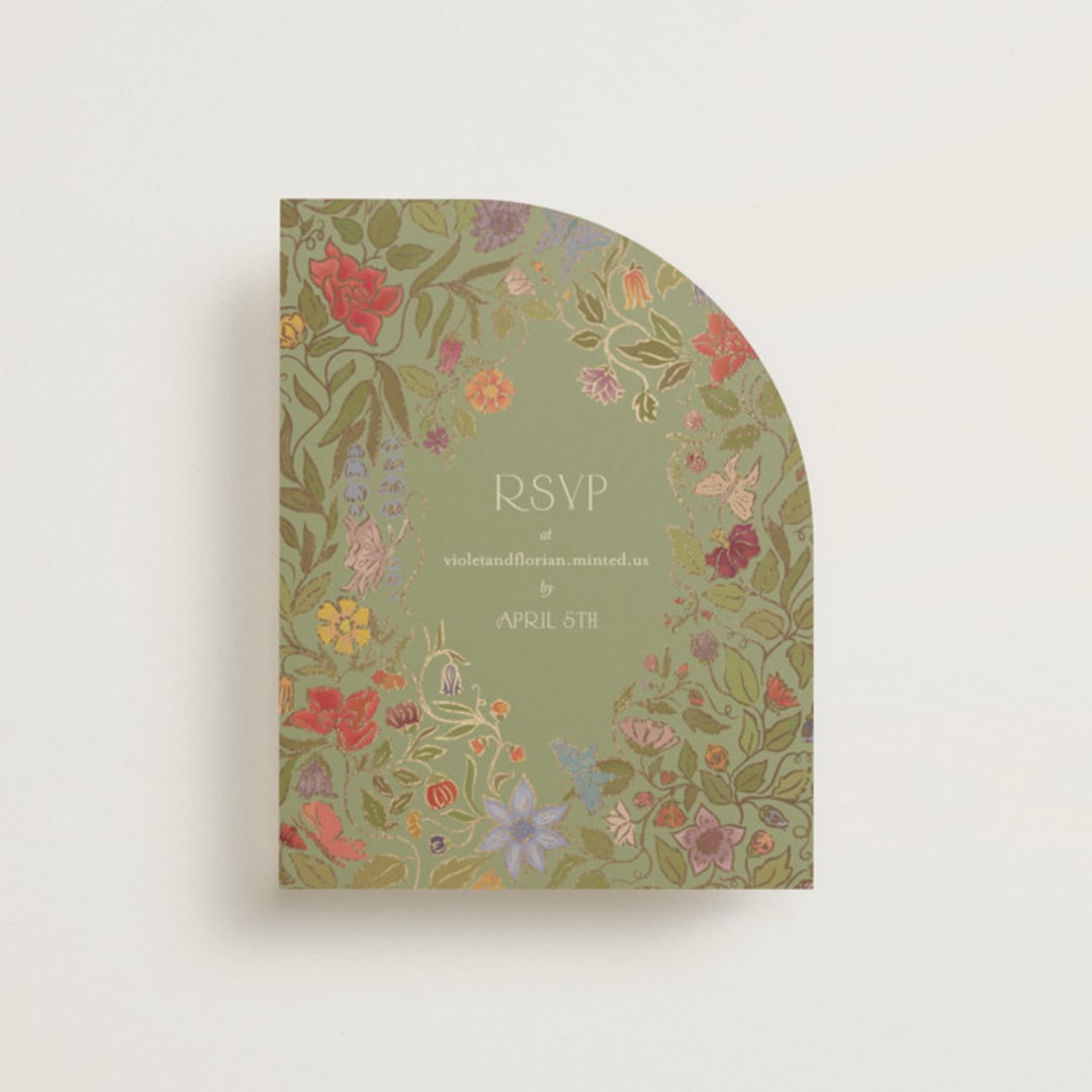 "Radiant Botany" - Foil-Pressed RSVP Online Enclosure Cards in Mint by Simona Camp - Front