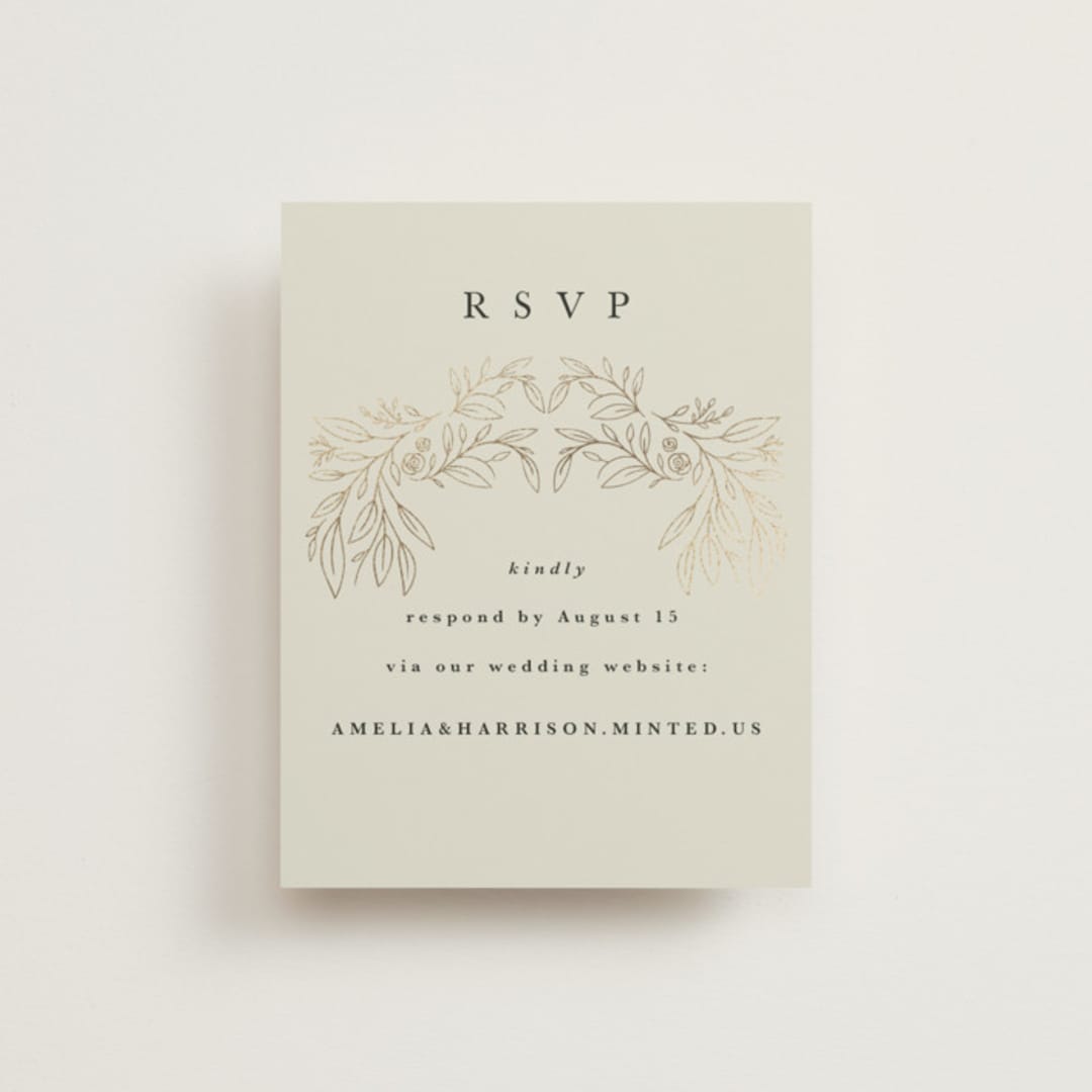 "Foil Botanical Frame" - Foil-Pressed RSVP Online Enclosure Cards in Taupe by Hannah Williams - Front