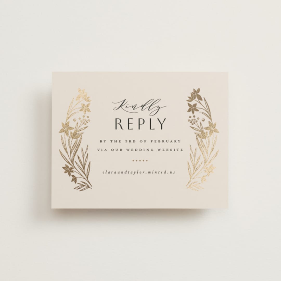 "Floral Border" - Foil-Pressed RSVP Online Enclosure Cards in Champagne by Leah Bisch - Front
