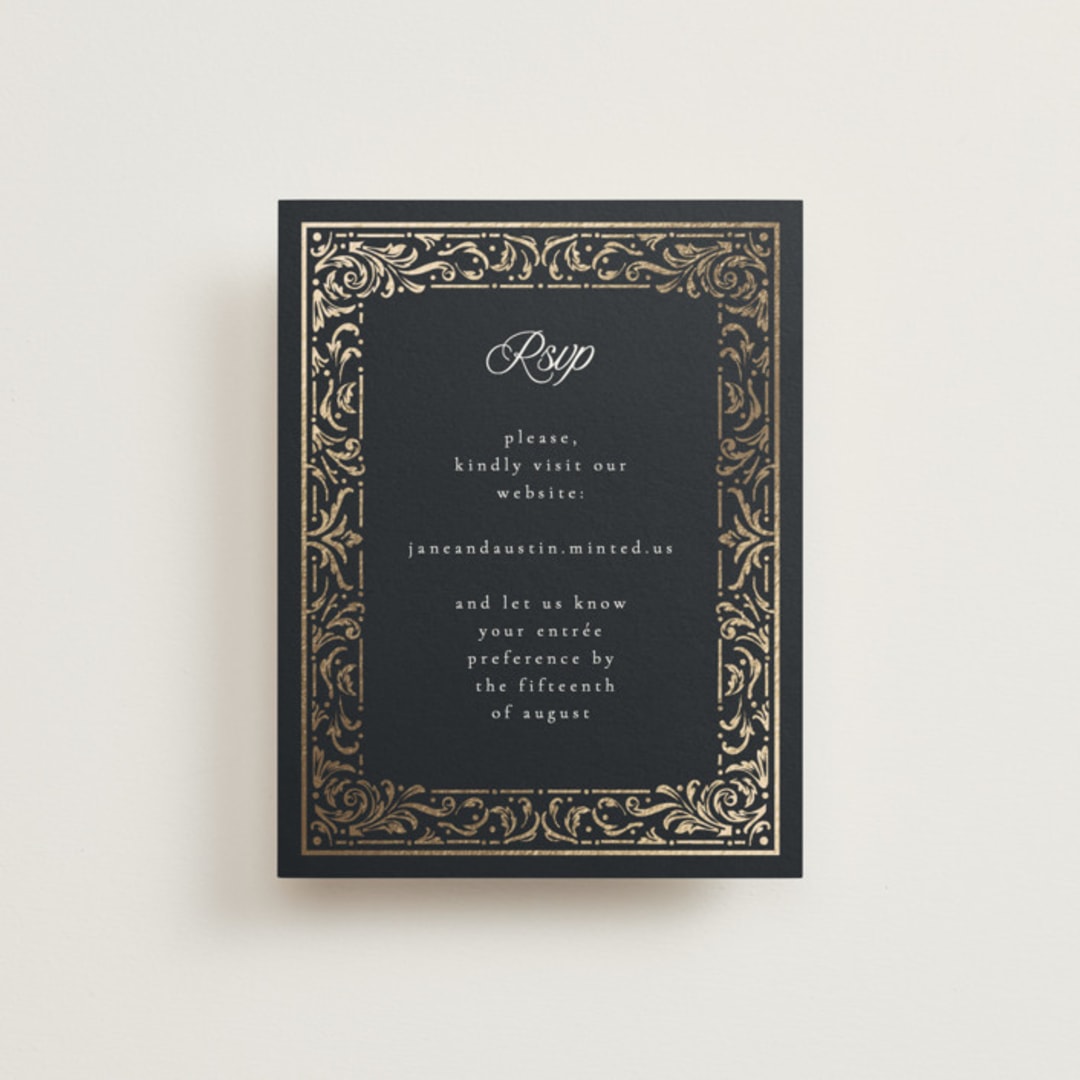 "Regency Grace" - Foil-Pressed RSVP Online Enclosure Cards in Onyx by Ana de Sousa - Front