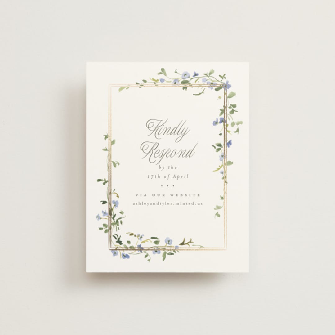 "Flowering Vine" - Foil-Pressed RSVP Online Enclosure Cards in Bluebell by Everett Paper Goods - Front
