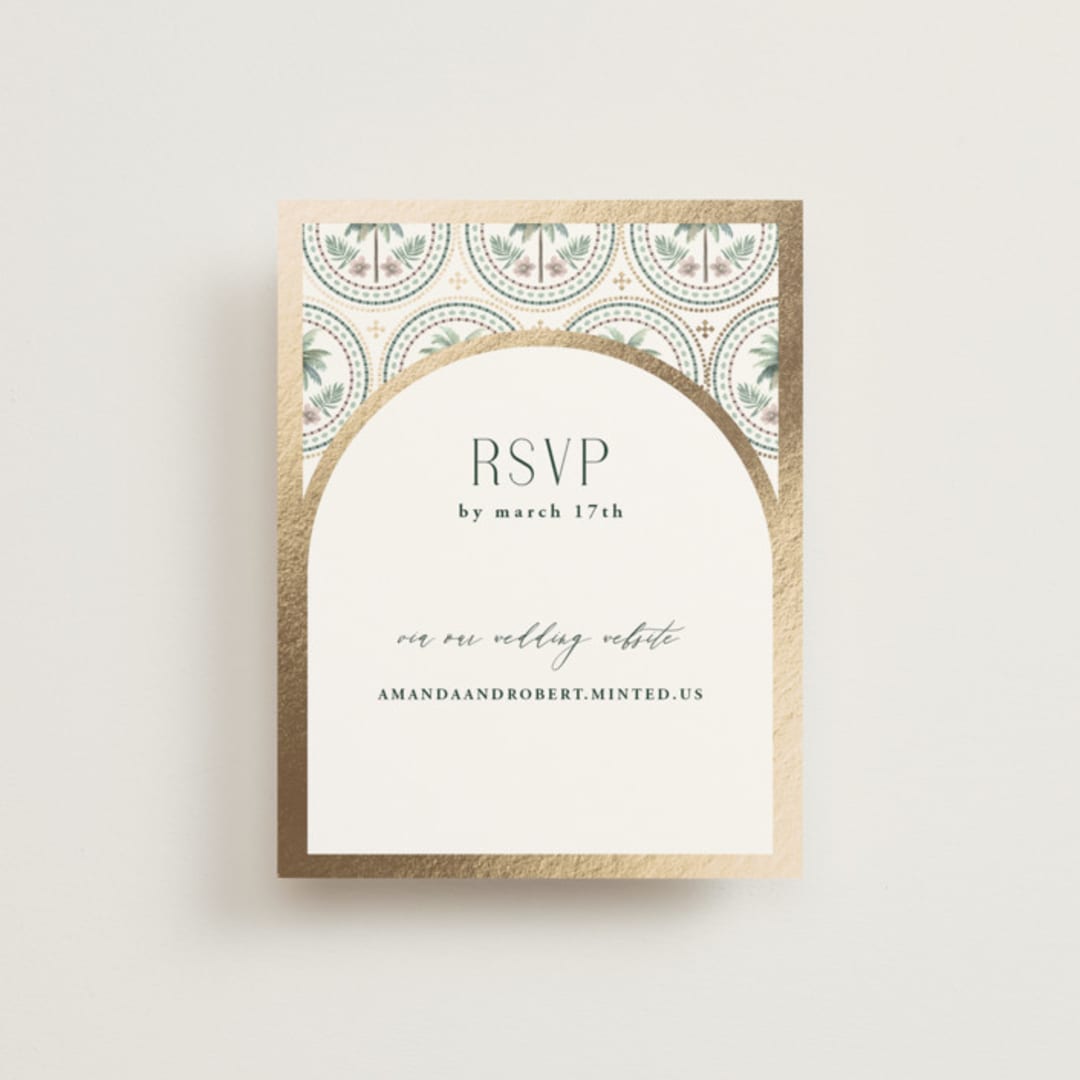 "Vintage Palms" - Foil-Pressed RSVP Online Enclosure Cards in Sand by Maria Alou - Front