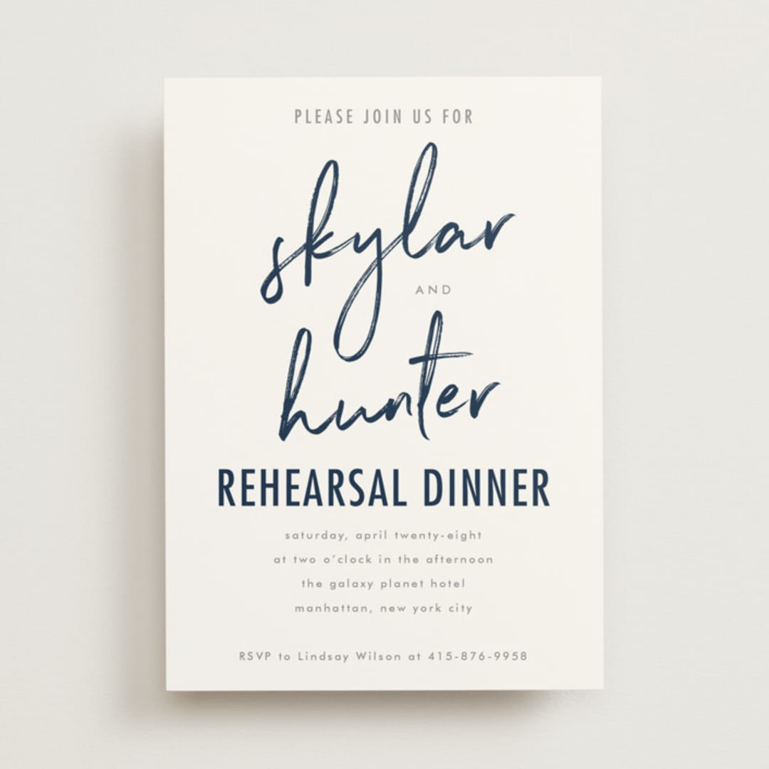 "Funky Names" - Rehearsal Dinner Invitations in Navy by Phrosné Barwood - Front