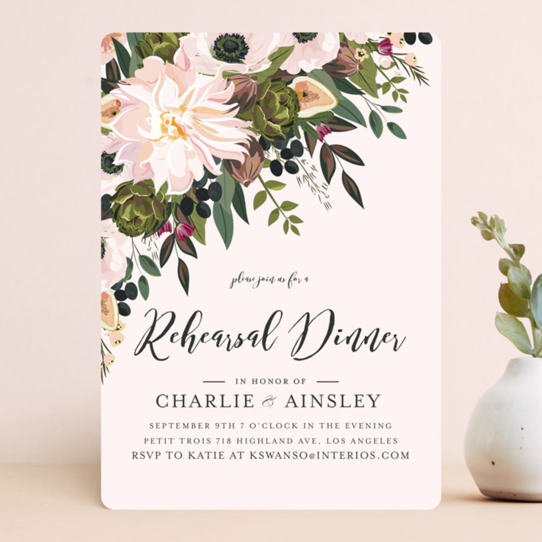 "Figs & Flowers" - Rehearsal Dinner Invitations in Blush by Susan Moyal - Front