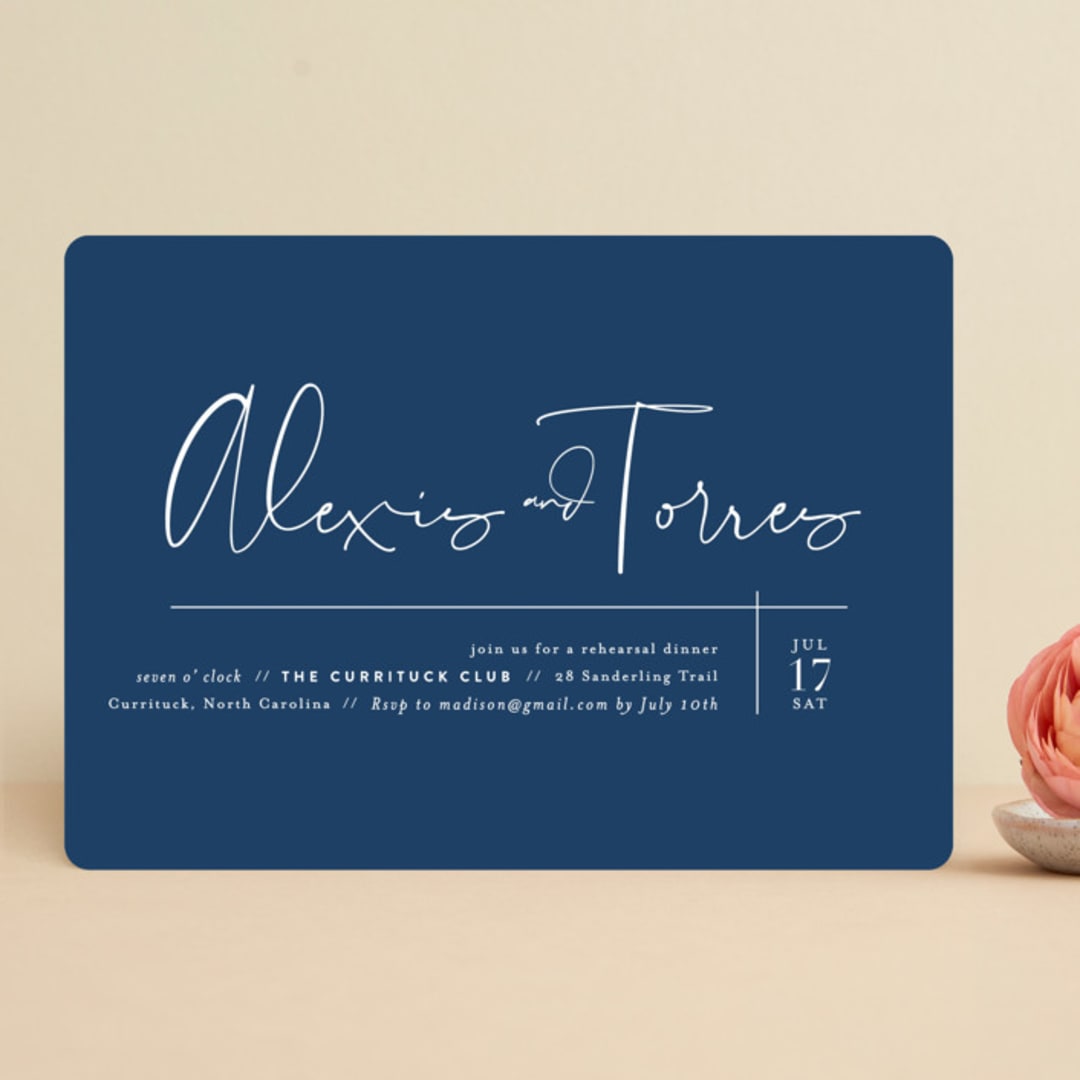"Just the Two of Us" - Rehearsal Dinner Invitations in Navy by Jennifer Wick - Front