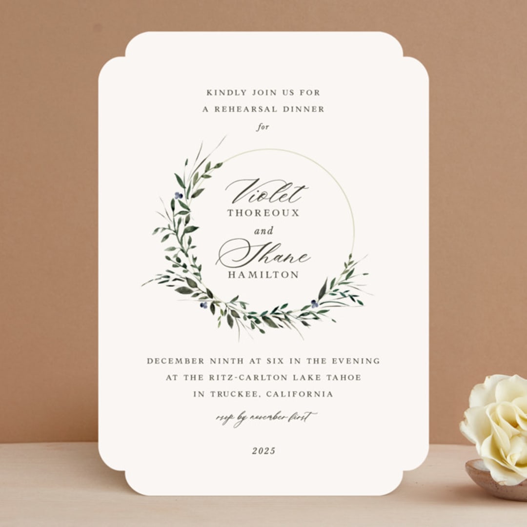 "Green Wreath" - Rehearsal Dinner Invitations in Champagne by Lori Wemple - Front