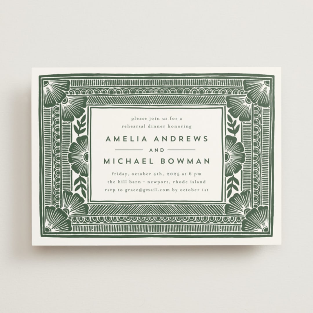 "Block Print Frame" - Rehearsal Dinner Invitations in Fern by Katharine Watson - Front