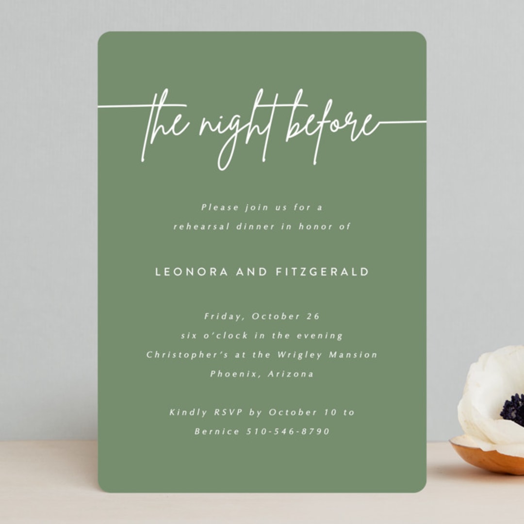 "Lilt" - Rehearsal Dinner Invitations in Sage by Kampai Designs - Front