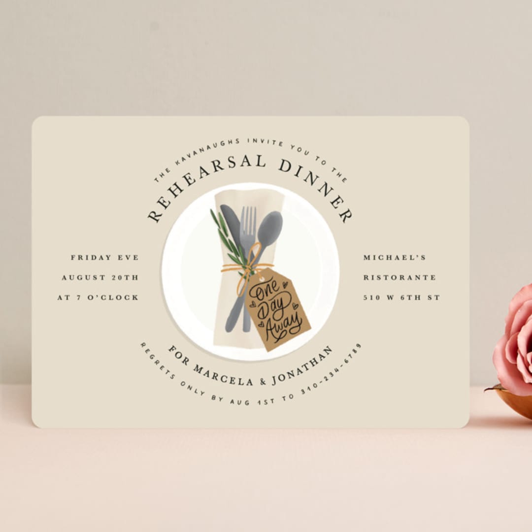 "One Day Away Place Setting" - Rehearsal Dinner Invitations in Tan by Becky Nimoy - Front