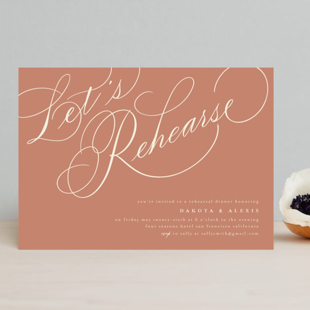 "Let's Rehearse" - Rehearsal Dinner Invitations in Brick by Shannon Chen of Four Wet Feet Studio - Front
