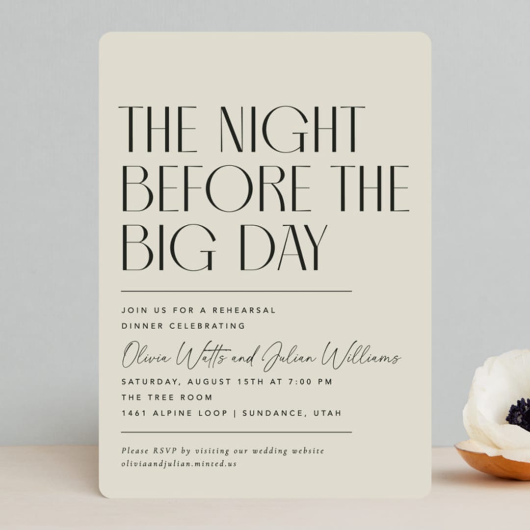 "Modern Stack" - Rehearsal Dinner Invitations in Sand by Robert and Stella - Front