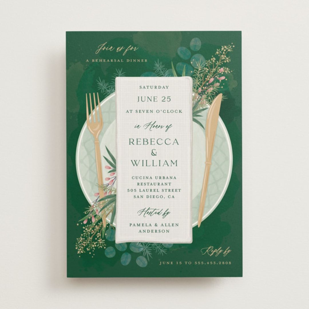"Time to Dine" - Rehearsal Dinner Invitations in Thyme by Paper Sun Studio - Front