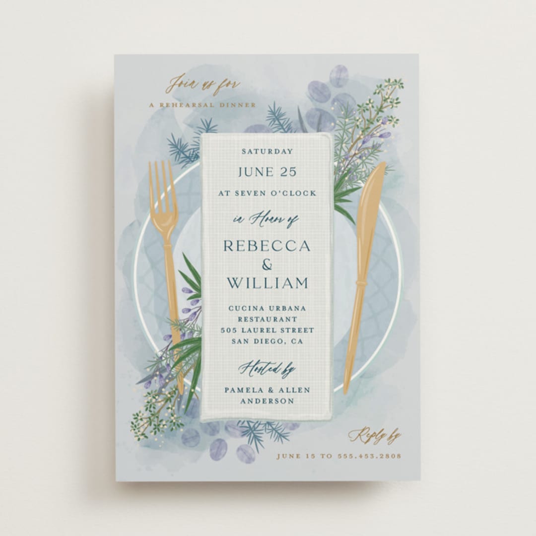 "Time to Dine" - Rehearsal Dinner Invitations in Porcelaine by Paper Sun Studio - Front
