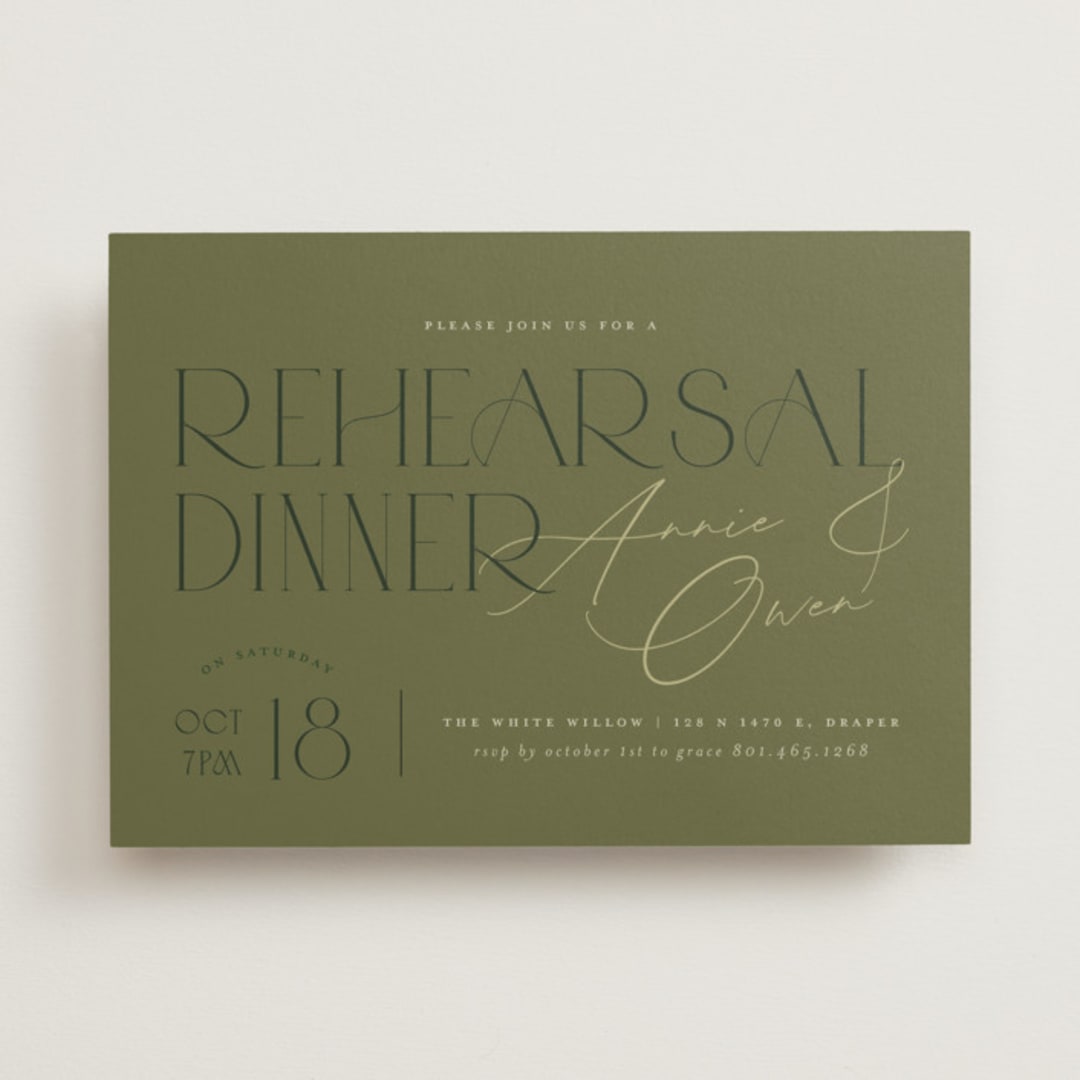 "Annie" - Rehearsal Dinner Invitations in Sage by Stephanie Hawkes - Front
