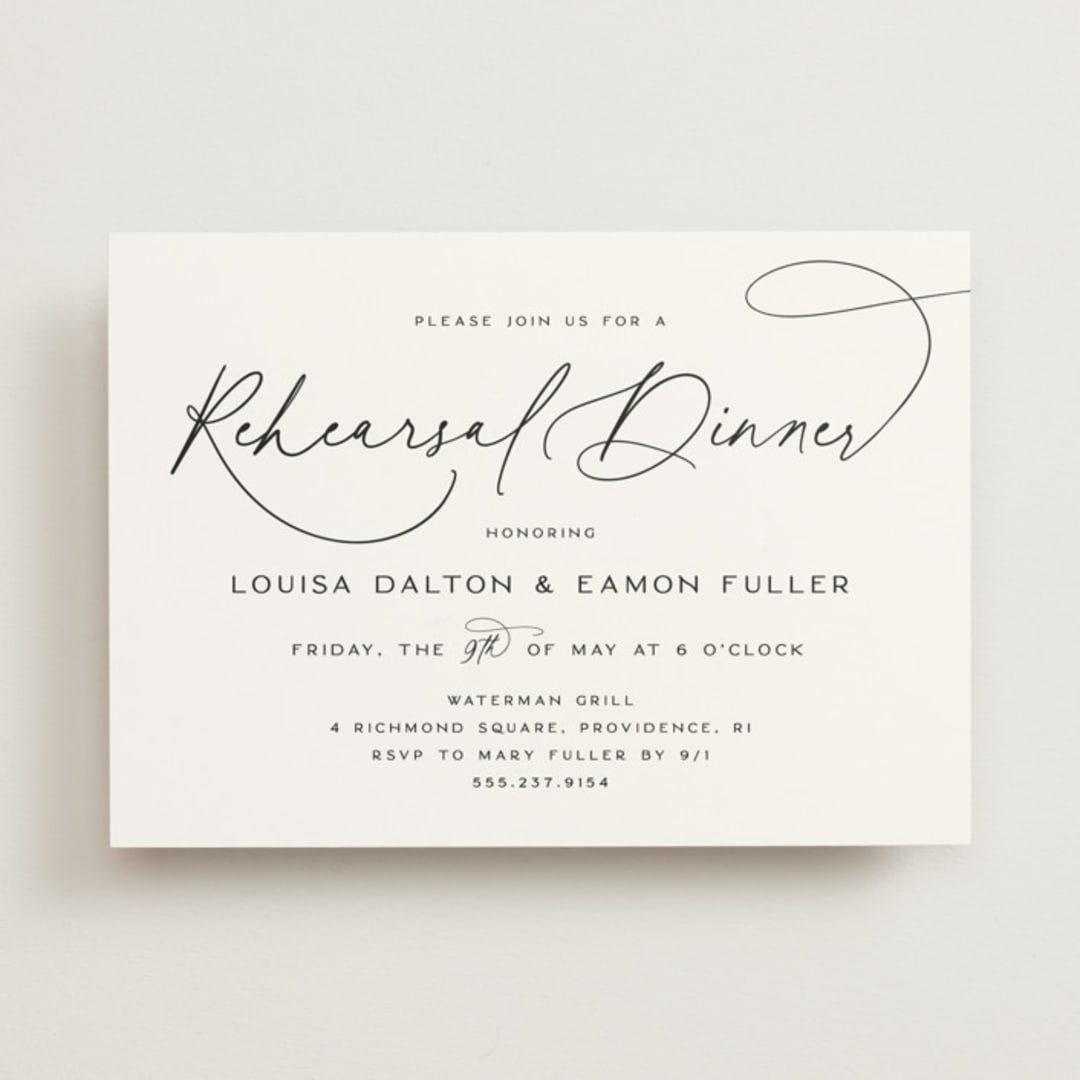 "Dashing Script" - Rehearsal Dinner Invitations in Peppercorn by Olivia Raufman - Front