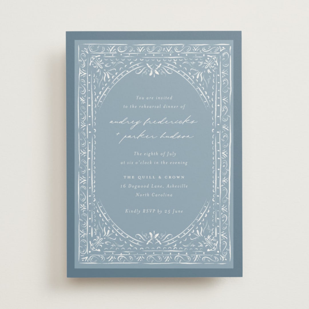 "Whimsical Frame" - Rehearsal Dinner Invitations in Dusty Blue by Jackie Crawford - Front