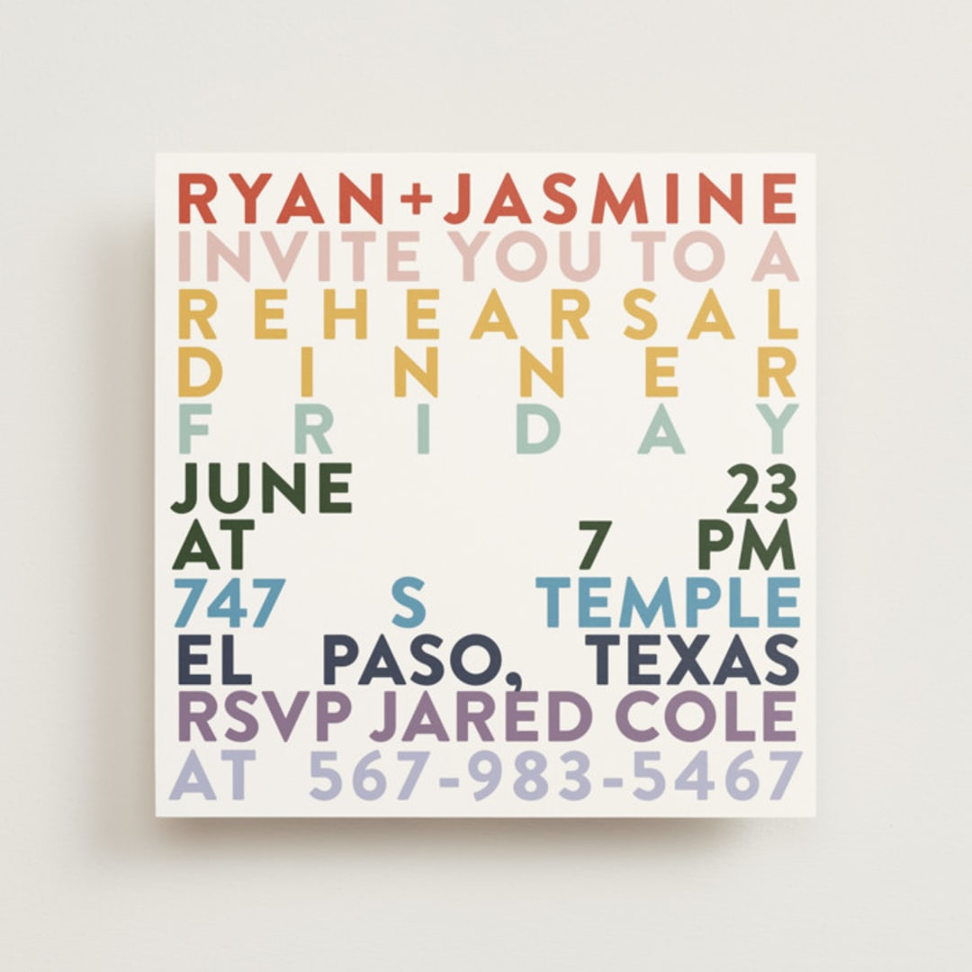 "Rainbow Rehearsal" - Rehearsal Dinner Invitations in Confetti by Carolyn Hunt - Front