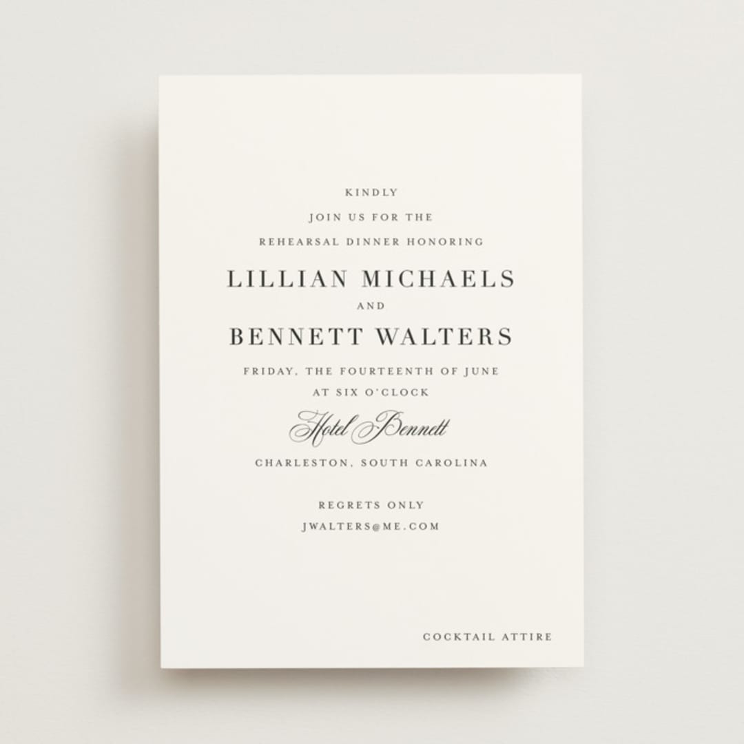 "Charleston" - Rehearsal Dinner Invitations in Tuxedo by Megan Davis - Front