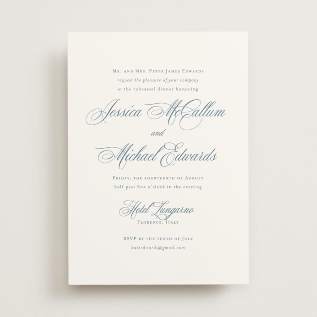 "Empire" - Rehearsal Dinner Invitations in Dusty Blue by Jennifer Postorino - Front